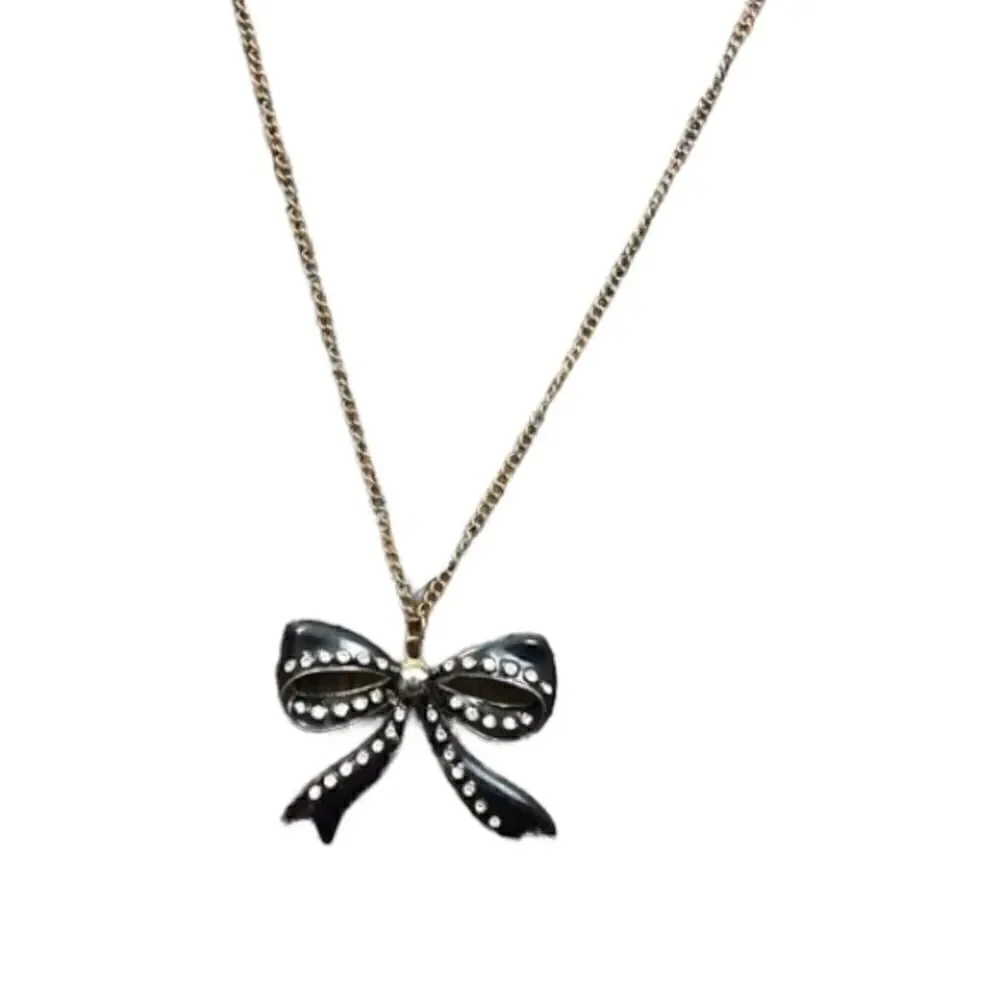 Black Rhinestone Bow Long Chain Necklace
